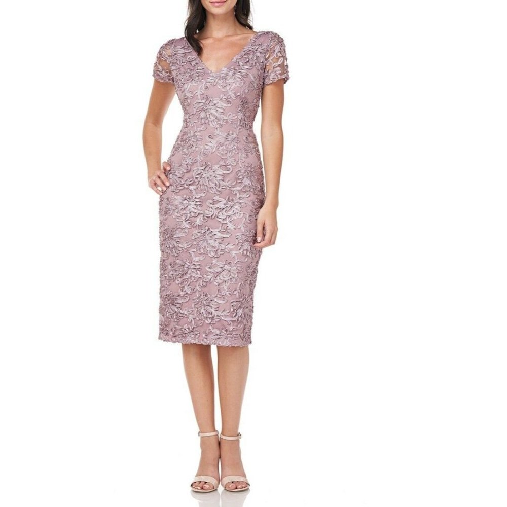 JS Collection Embroidered V-Neck Cocktail Dress in Maple Sugar Pink Rose Size 10